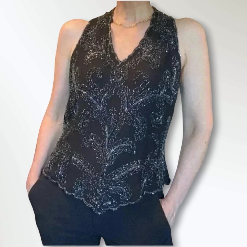 JMD New York Black Beaded Sleeveless Halter Top Dressy Medium